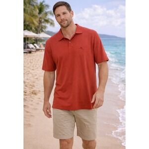 Tommy Bahama Mens XL Short Sleeve Polo Shirt Coral Red Marlin Pique Cotton Blend
